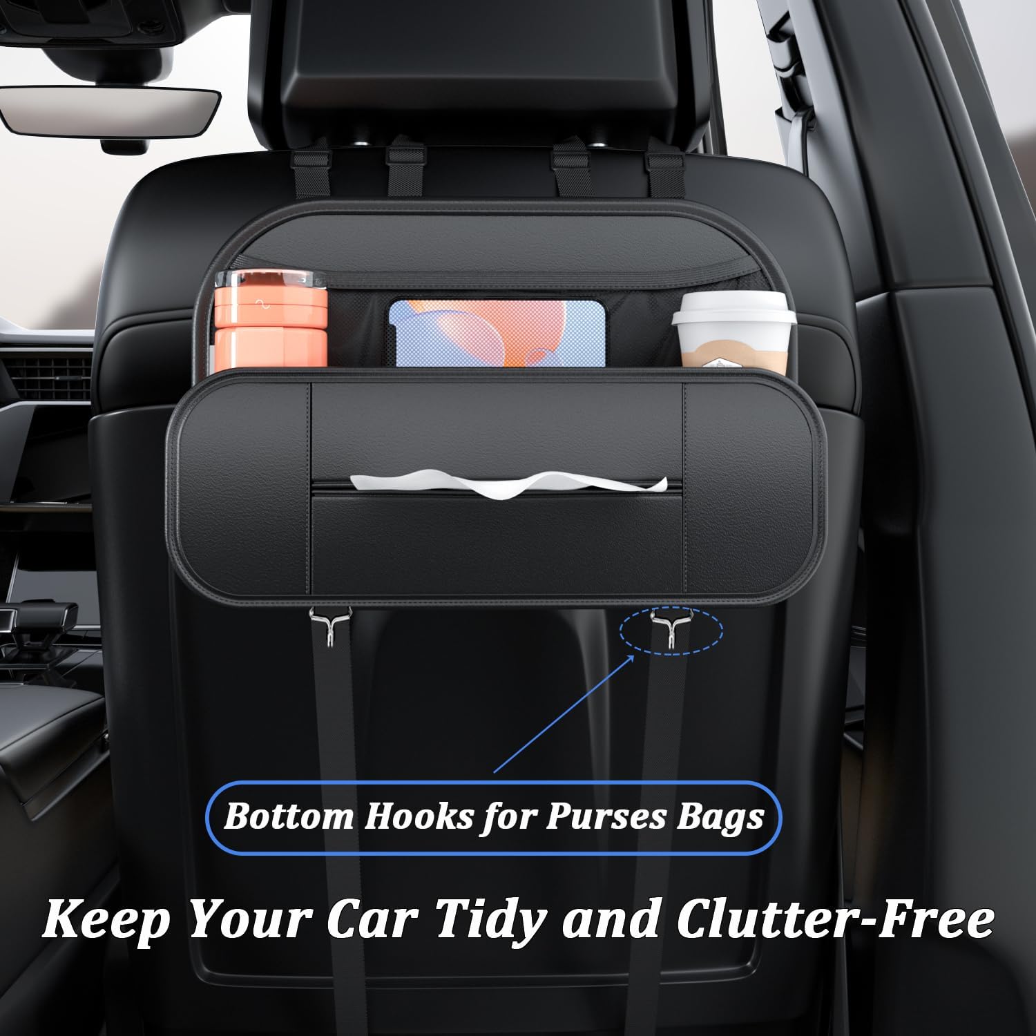 Leather Car Backseat Organizer With Tissue Bag Holder