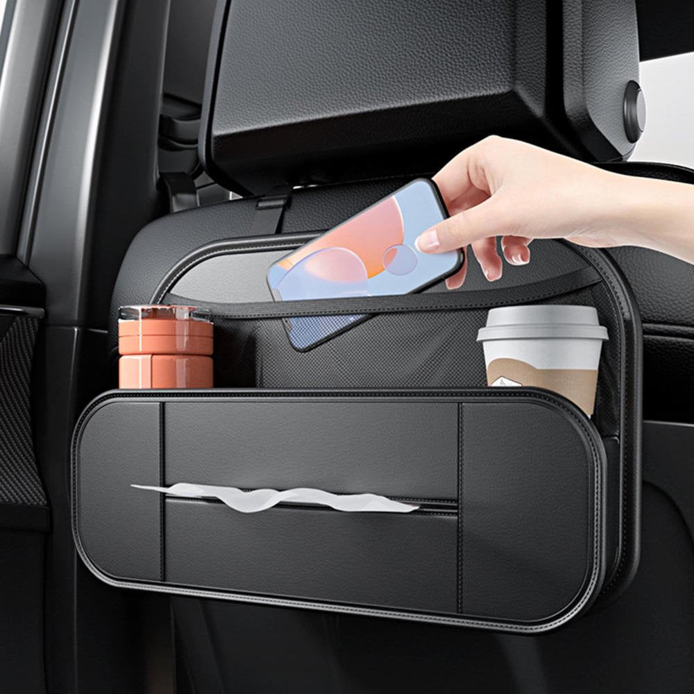 Leather Car Backseat Organizer With Tissue Bag Holder